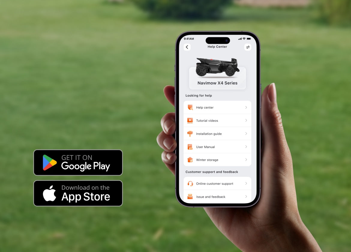 Ein Smartphone zeigt die App für den Navimow X4 Mähroboter.