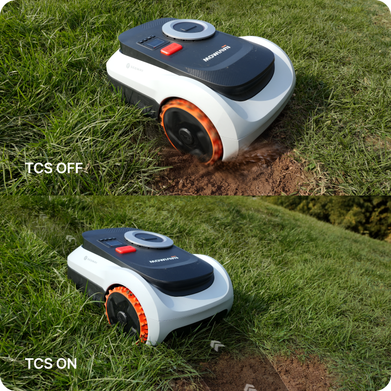 Segway Navimow i105E Mähroboter mäht mit Traktionskontrolle auf dem Rasen.
