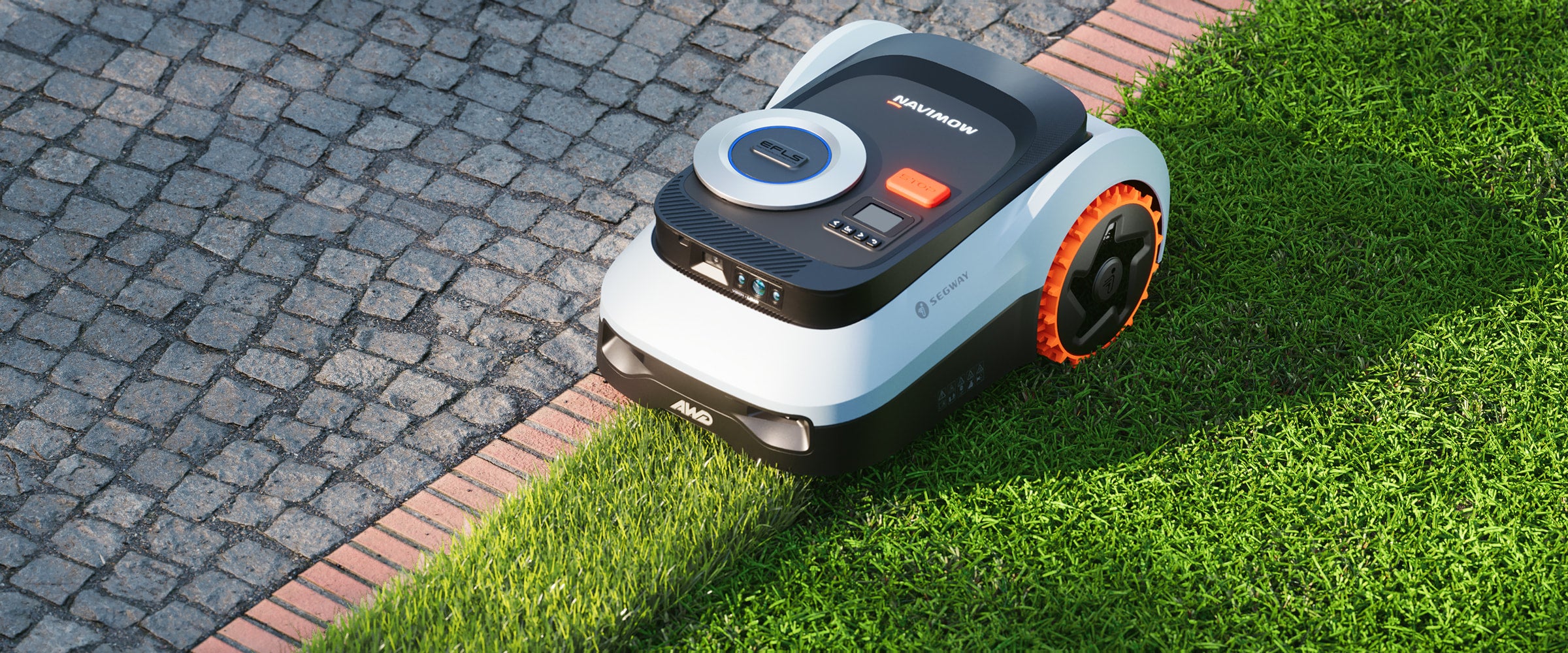 Segway Navimow i105E AWD Mähroboter mäht das Gras im Garten.