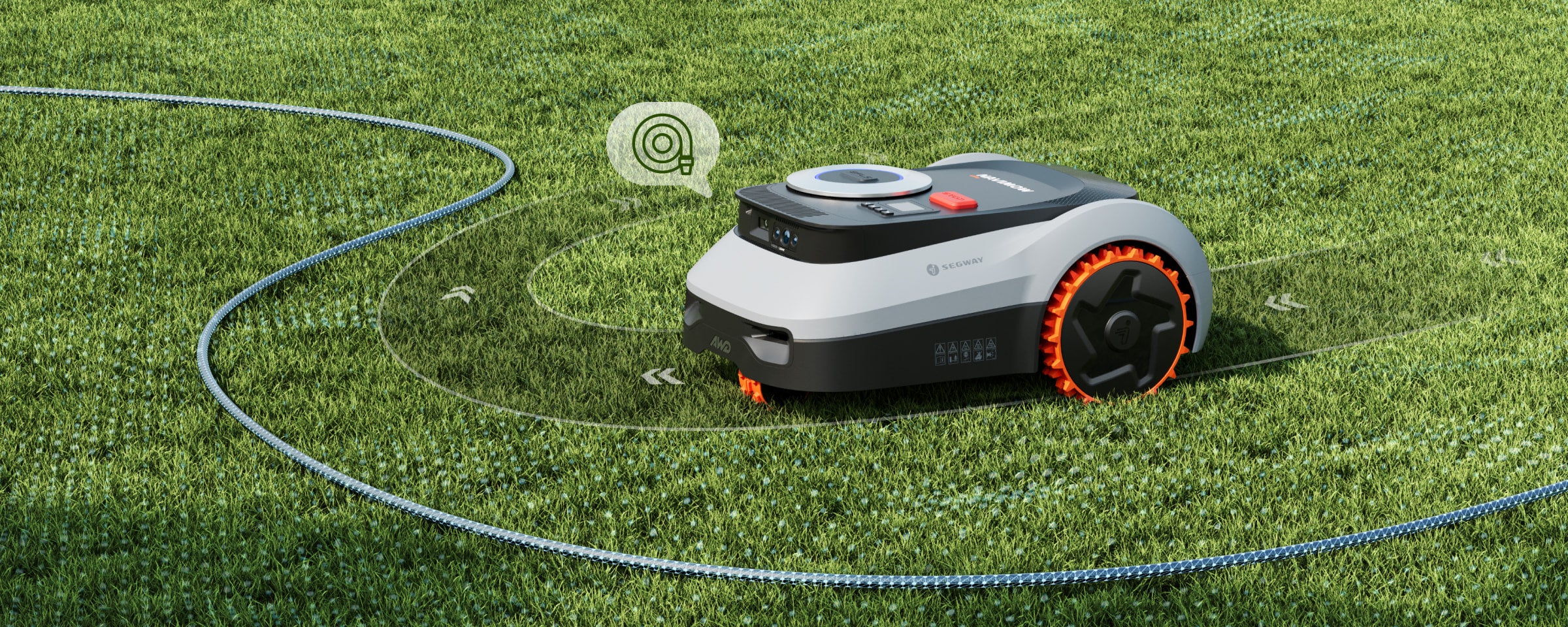 Segway Navimow Mähroboter mäht einen grünen Rasen in einem Garten.