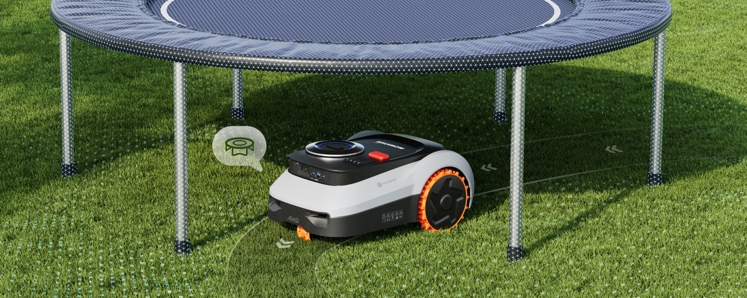 Segway Navimow AWD Mähroboter mäht den Rasen unter dem Trampolin.