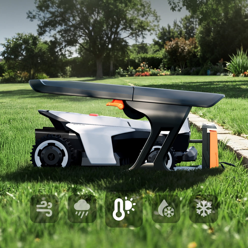 Navimow i105E Mähroboter steht geschützt unter einem Dach im Garten.