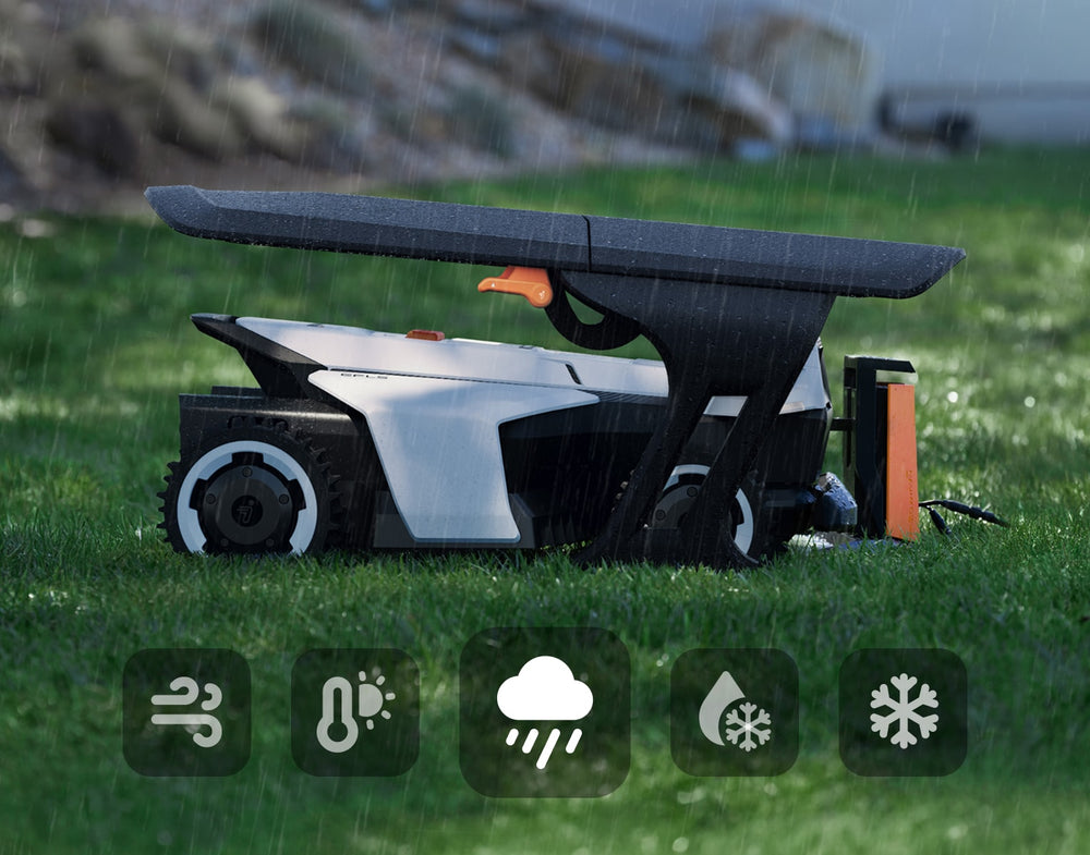 Navimow i105E Mähroboter steht im Regen unter einer schwarzen Abdeckung.