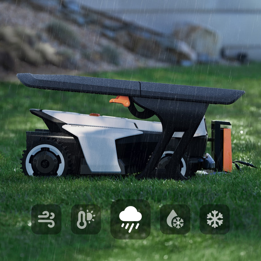 Navimow i105E Mähroboter parkt bei Regen geschützt auf dem Rasen.