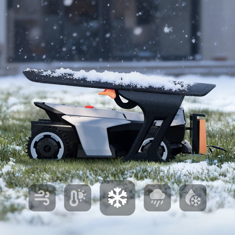 Navimow i105E Mähroboter parkt unter seiner Garage im tiefen Schnee.