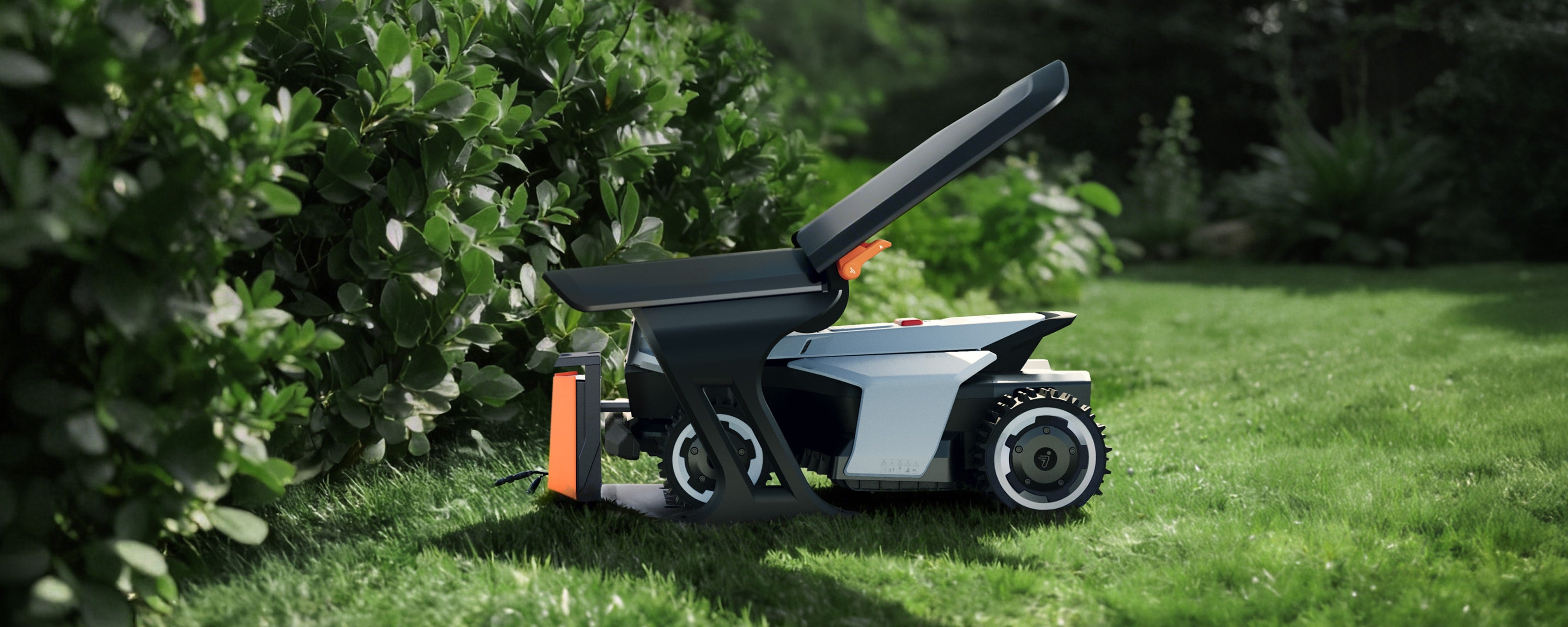 Navimow i105E Mähroboter steht im Garten auf dem grünen Rasen.