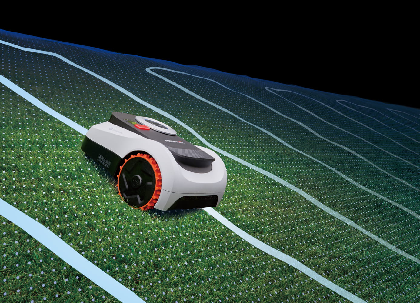 Segway Navimow i2 LiDAR Mähroboter mäht Linien auf dem grünen Rasen.