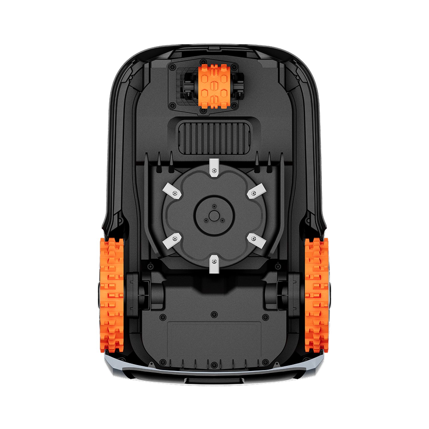 Segway Navimow i105E Mähroboter von unten auf einem weißen Hintergrund.