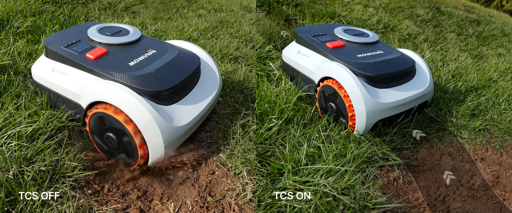 Segway Navimow i105E Mähroboter im Vergleich mit und ohne Traktionskontrolle.