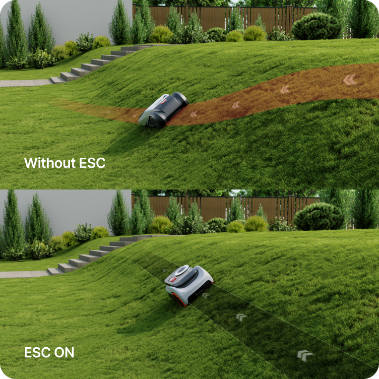 Segway Navimow i105E Mähroboter fährt mit ESC sicher am Hang.