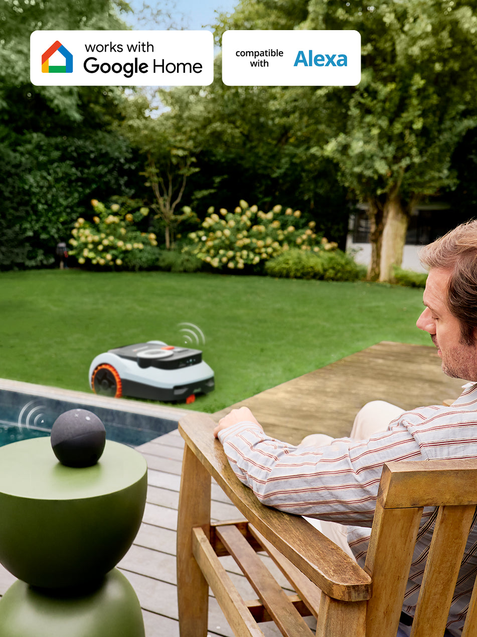Navimow i105E Mähroboter im Garten mit Alexa und Google Home.