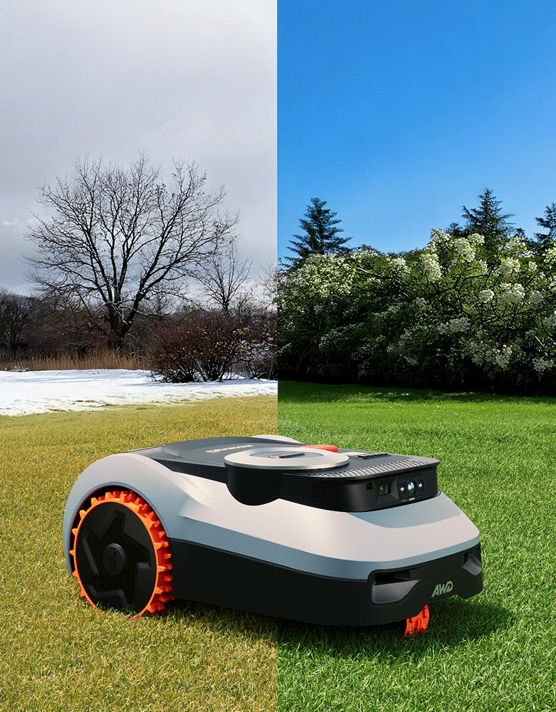 Mammotion Luba AWD Mähroboter auf winterlichem und auch sommerlichem Rasen.