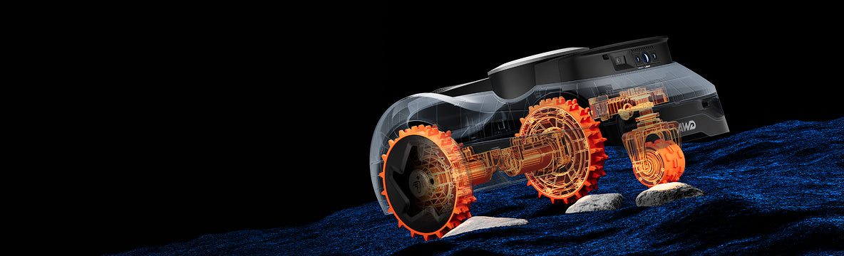 Navimow i110N Mähroboter auf unebenem Gelände bei Nacht im Profil.