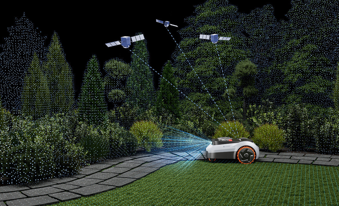 Navimow i105E Mähroboter arbeitet nachts präzise im grünen Garten.
