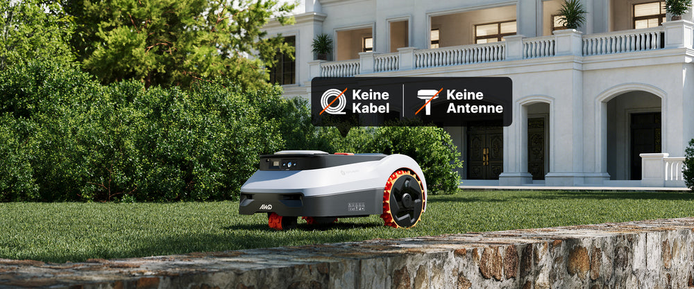 Segway Navimow AWD Mähroboter auf dem Rasen vor der Villa.