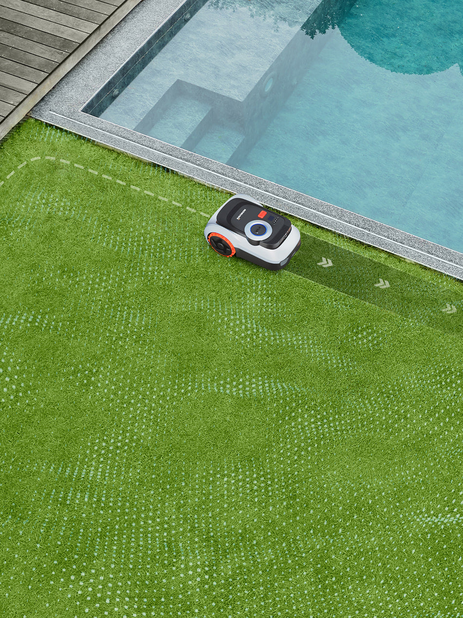 Segway Navimow i105E Mähroboter mäht den Rasen am blauen Pool.