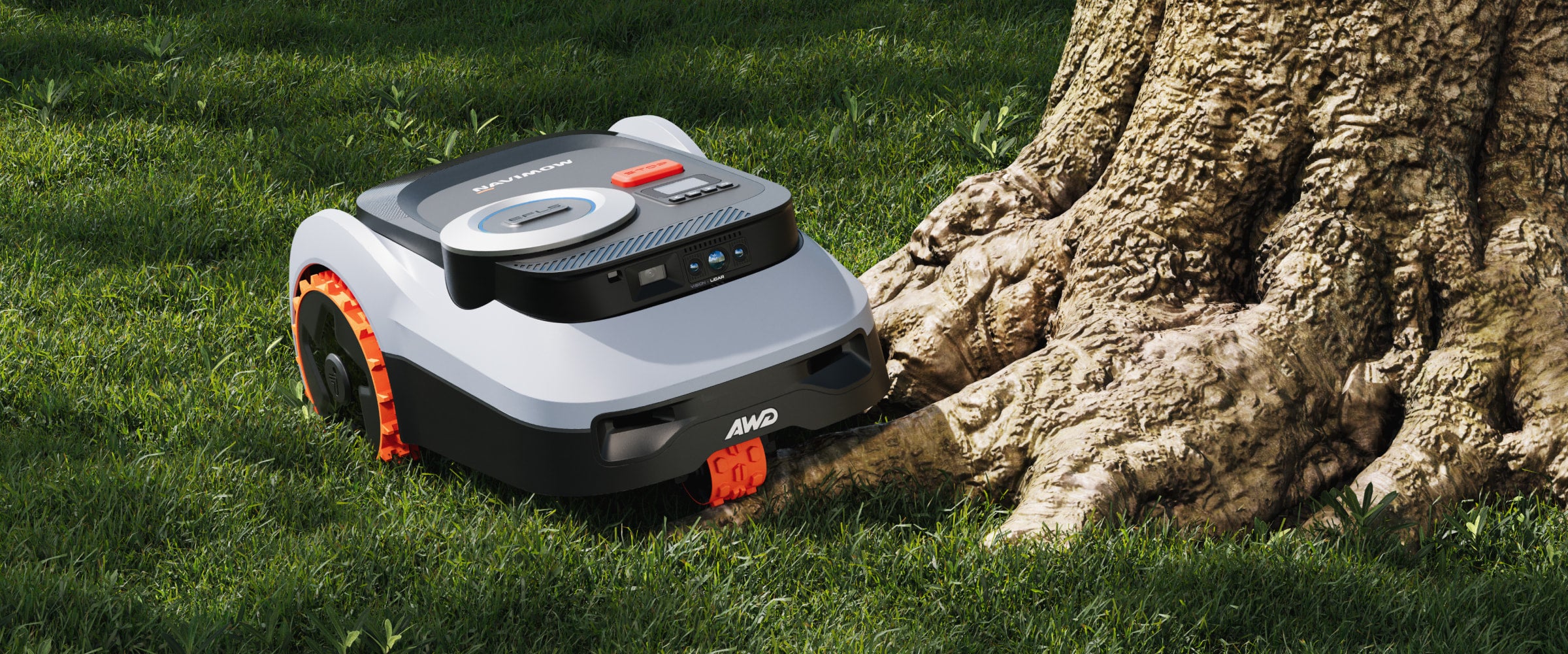 Der Navimow i105E Mähroboter mäht den Rasen neben einem Baum.