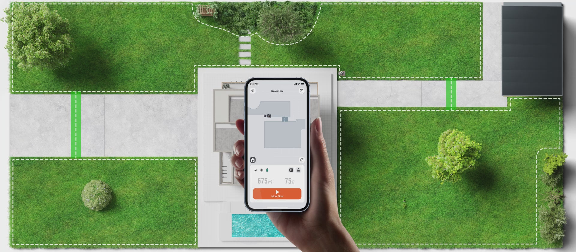 Video laden: <p>Mäharbeiten aus der Ferne starten oder den Mäher nach Hause schicken</p>