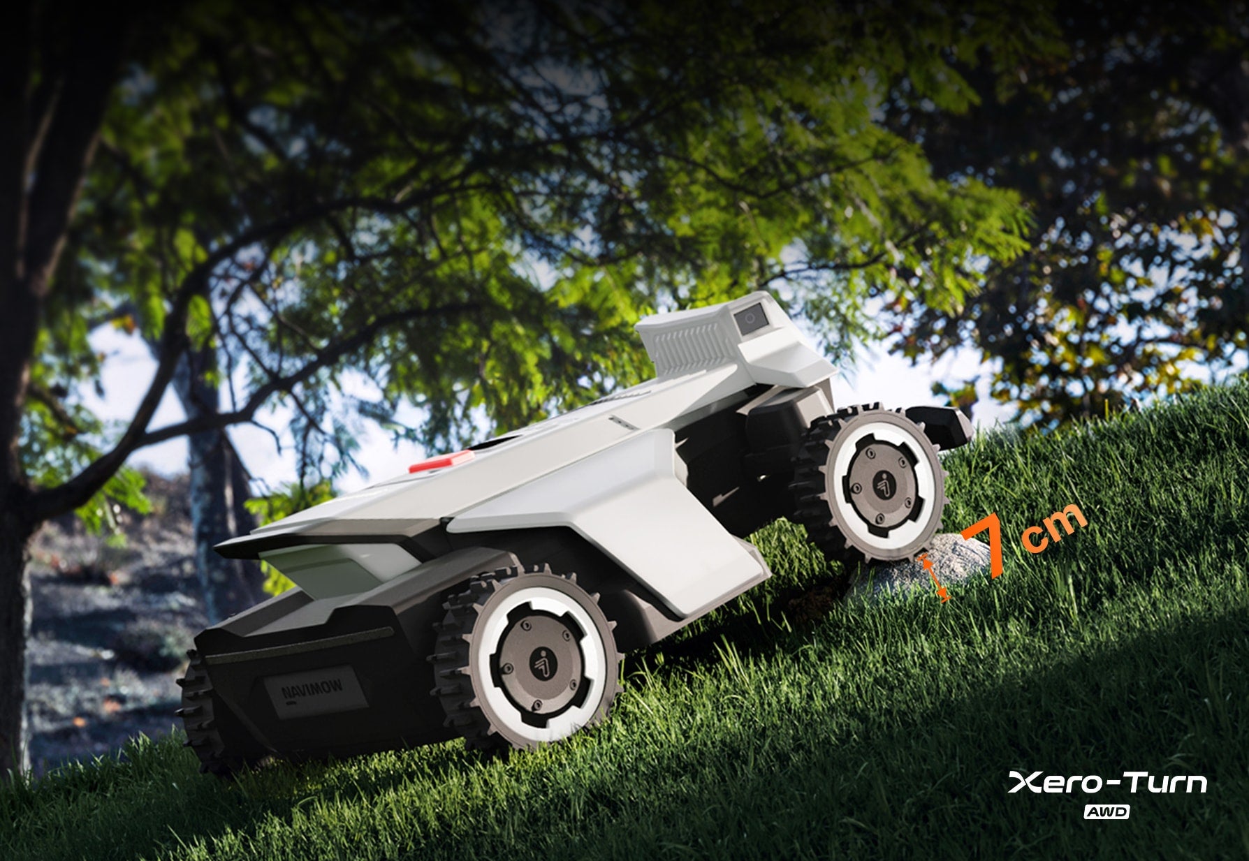 Der Navimow X4 Mähroboter überwindet Steine mit einer Höhe von bis zu 7 cm